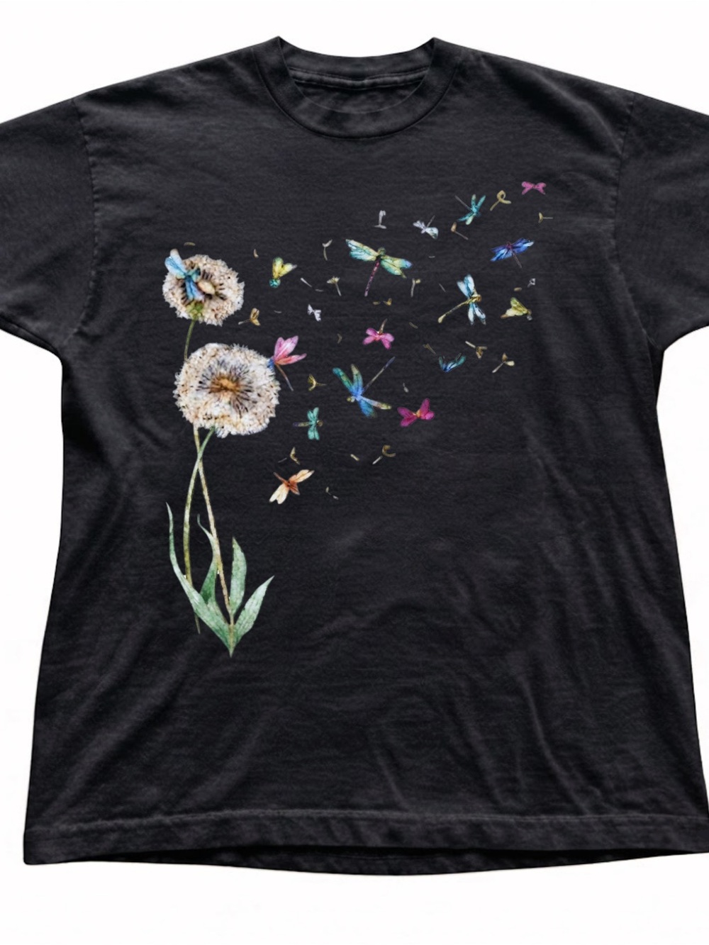 Dandelion Dragonfly Graphic Gildan Cotton T-Shirt Black Nature Tee